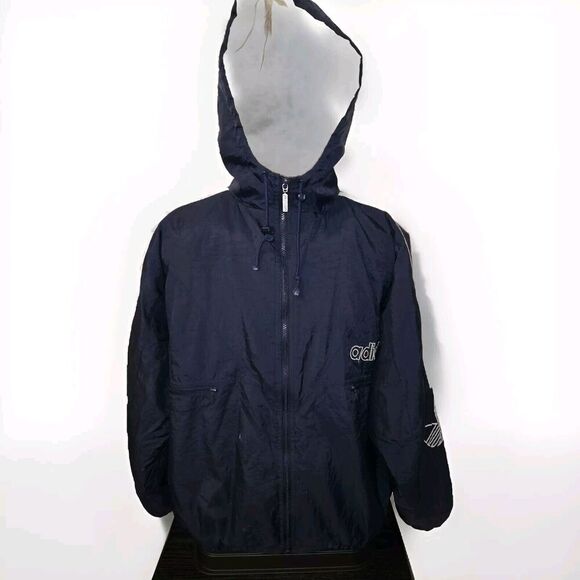 Vintage Adidas Jacket Mens L Blue Trefoil Logo Striped Full Zip Hooded Insulated - Picture 1 of 13